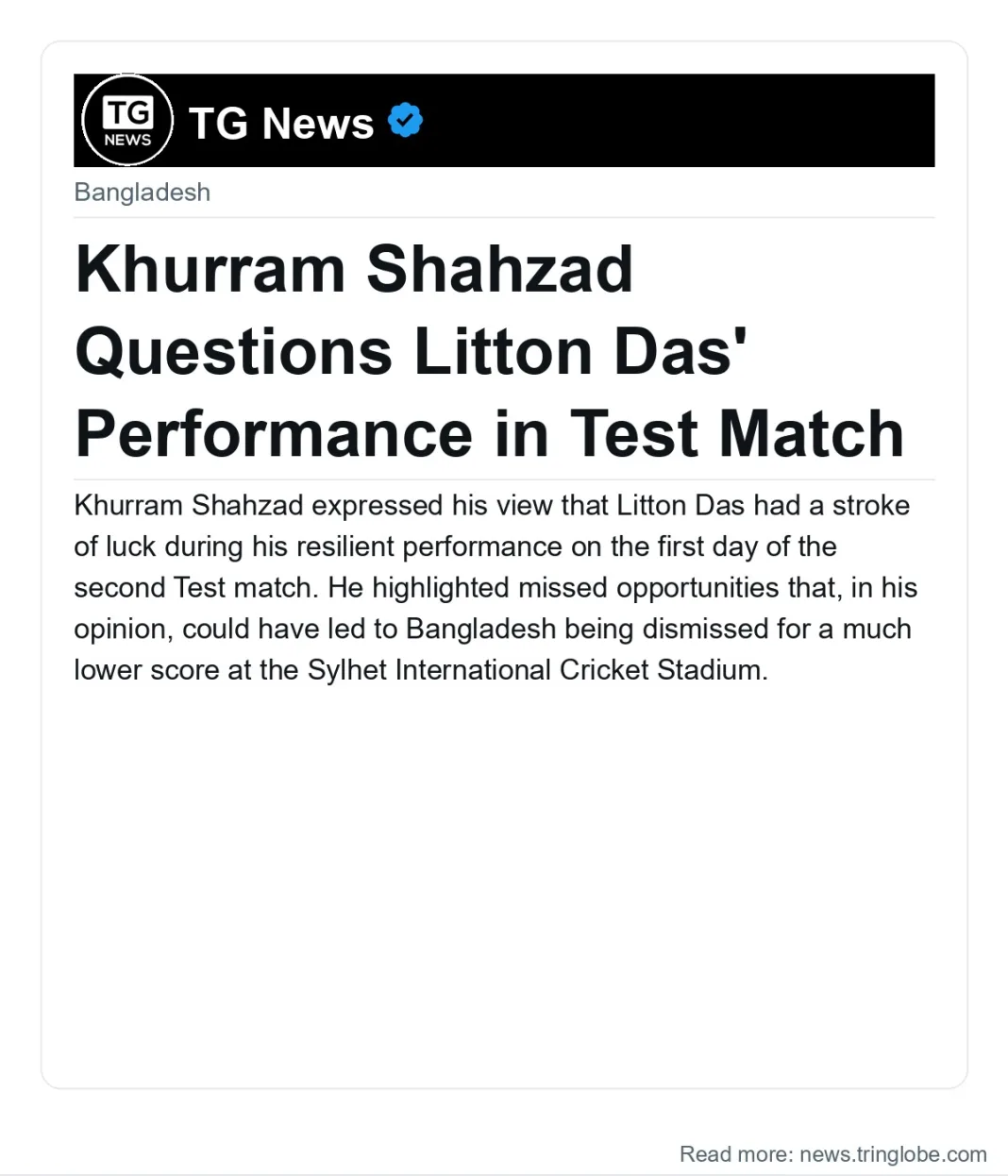 Khurram Shahzad Questions Litton Das’ Performance in Test Match