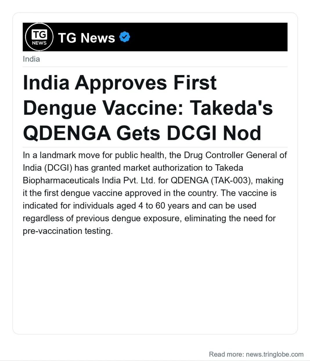 India Approves First Dengue Vaccine: Takeda’s QDENGA Gets DCGI Nod