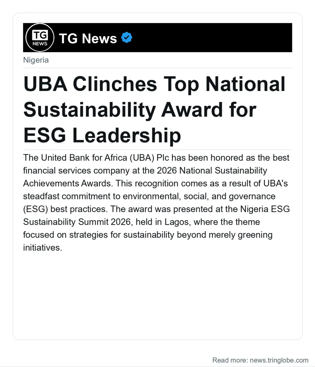 UBA Clinches Top National Sustainability Award for ESG Leadership