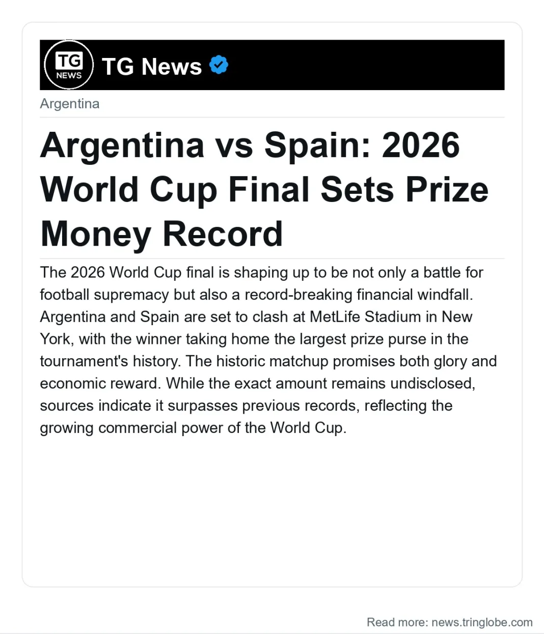 Argentina vs Spain: 2026 World Cup Final Sets Prize Money Record