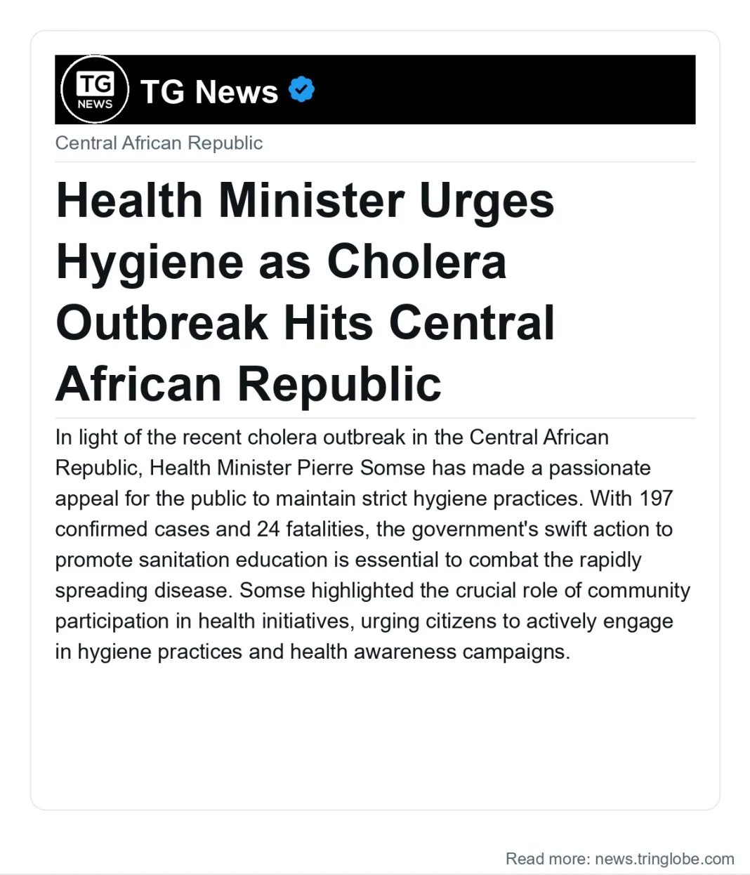 Health Minister Urges Hygiene as Cholera Outbreak Hits Central African Republic