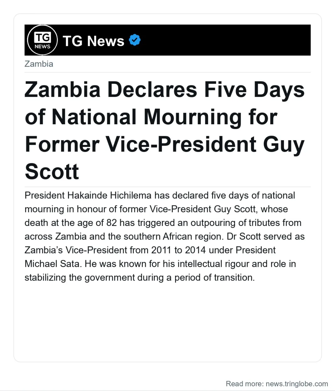 Zambia Declares Five Days of National Mourning for Former Vice-President Guy Scott