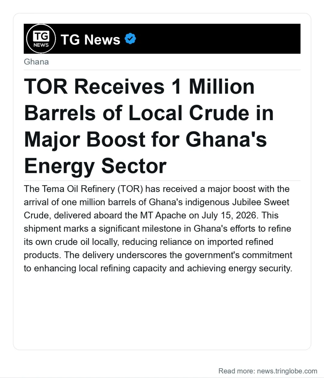 TOR Receives 1 Million Barrels of Local Crude in Major Boost for Ghana’s Energy Sector