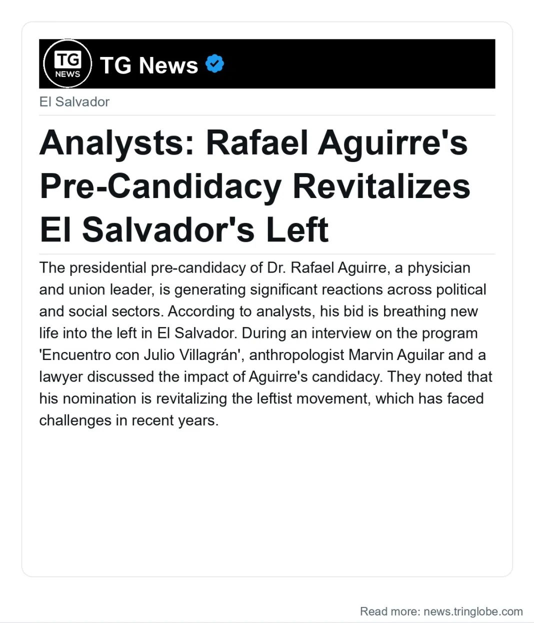Analysts: Rafael Aguirre’s Pre-Candidacy Revitalizes El Salvador’s Left