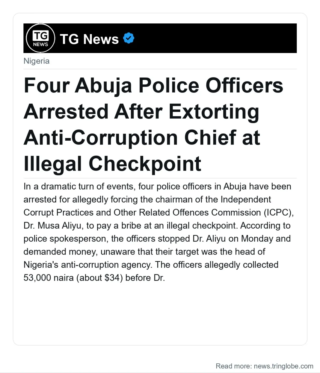 Four Abuja Police Officers Arrested After Extorting Anti-Corruption Chief at Illegal Checkpoint