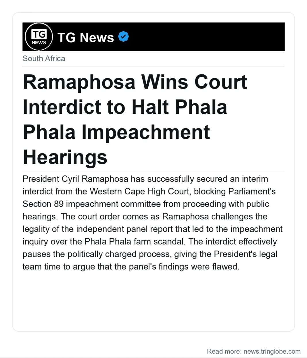 Ramaphosa Wins Court Interdict to Halt Phala Phala Impeachment Hearings
