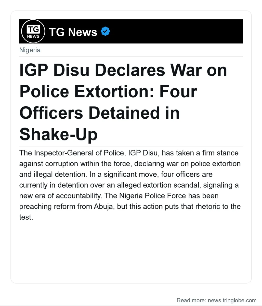 IGP Disu Declares War on Police Extortion: Four Officers Detained in Shake-Up