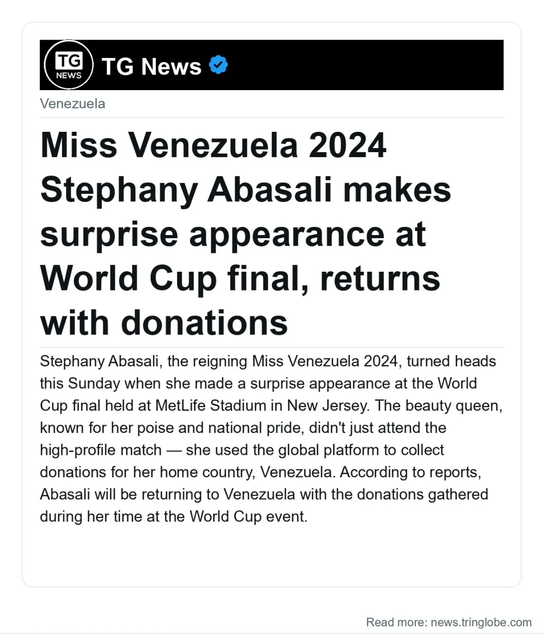 Miss Venezuela 2024 Stephany Abasali makes surprise appearance at World Cup final, returns with donations
