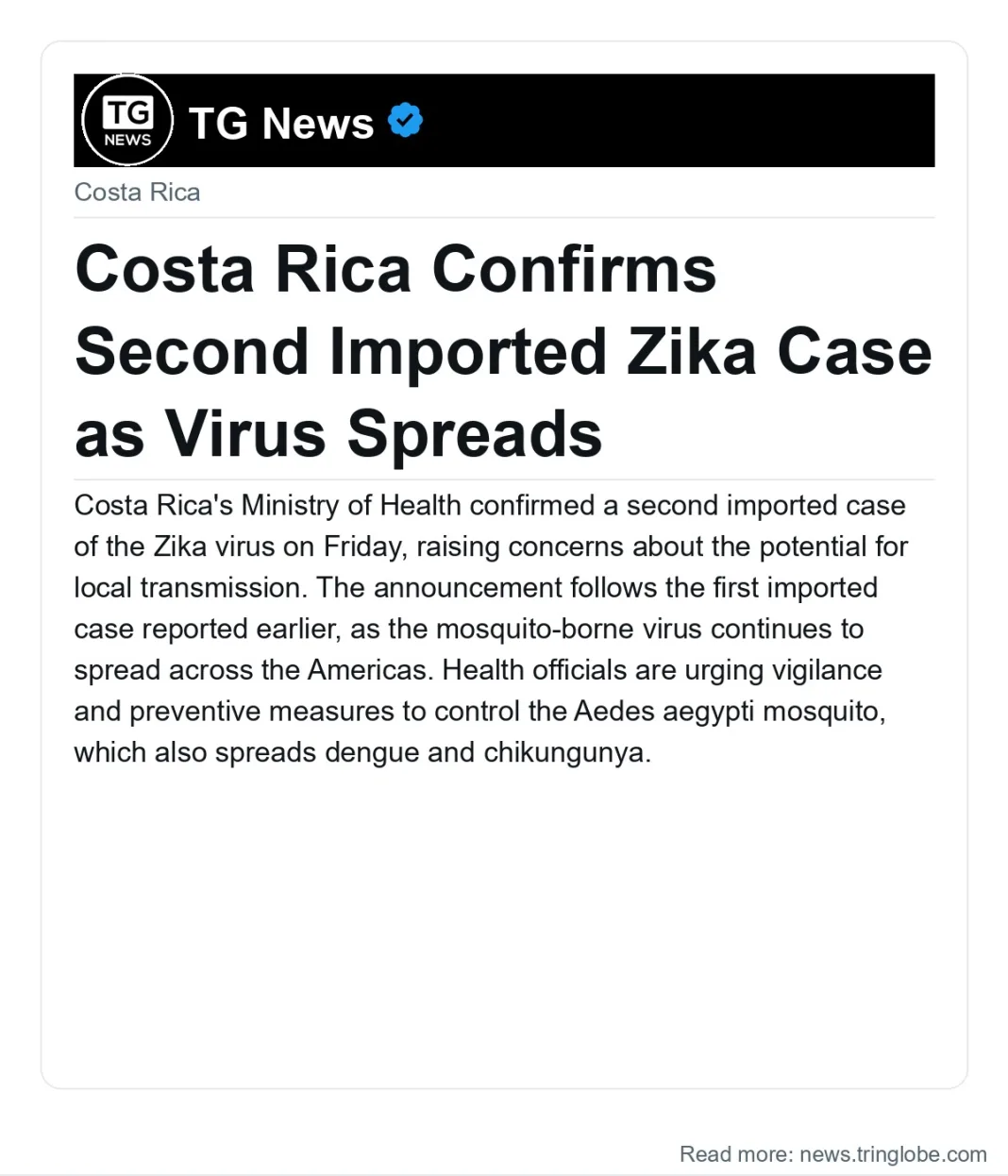 Costa Rica Confirms Second Imported Zika Case as Virus Spreads