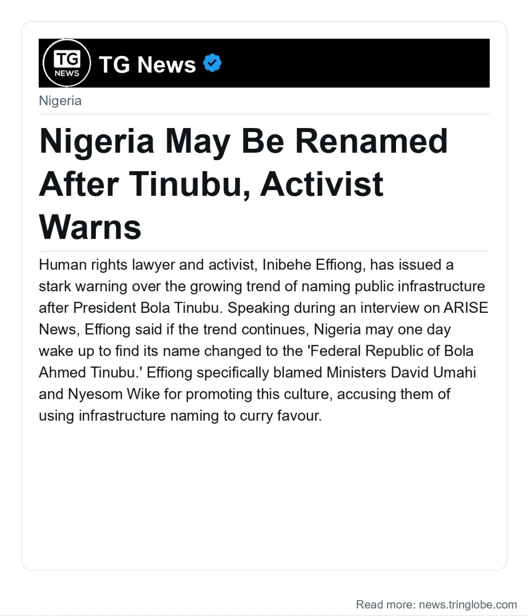 Nigeria May Be Renamed After Tinubu, Activist Warns