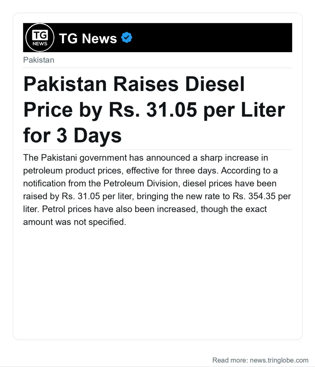 Pakistan Raises Diesel Price by Rs. 31.05 per Liter for 3 Days