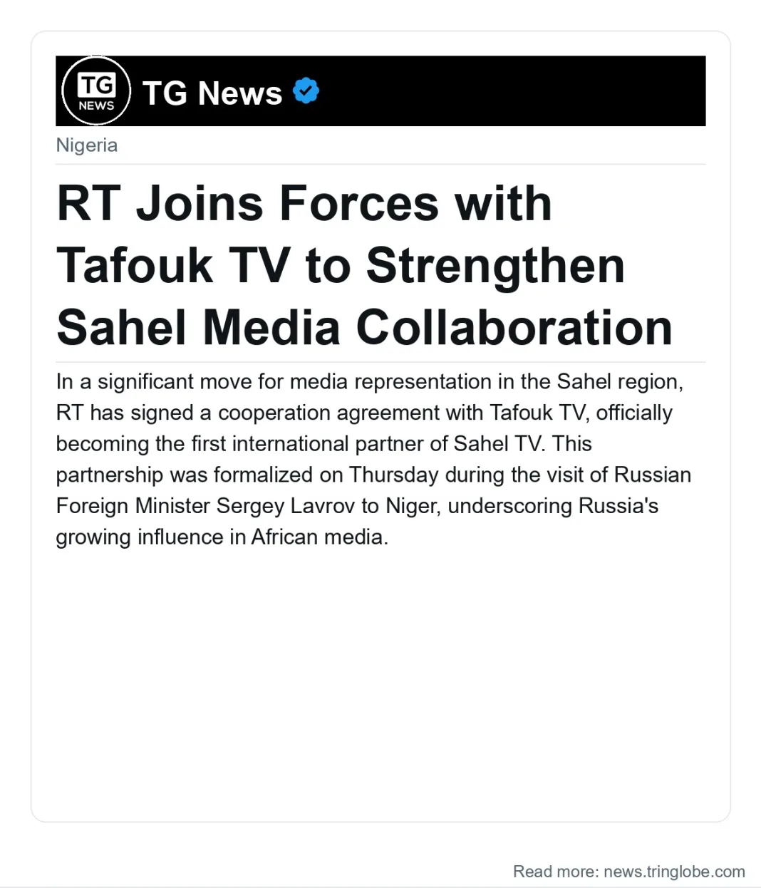 RT Joins Forces with Tafouk TV to Strengthen Sahel Media Collaboration