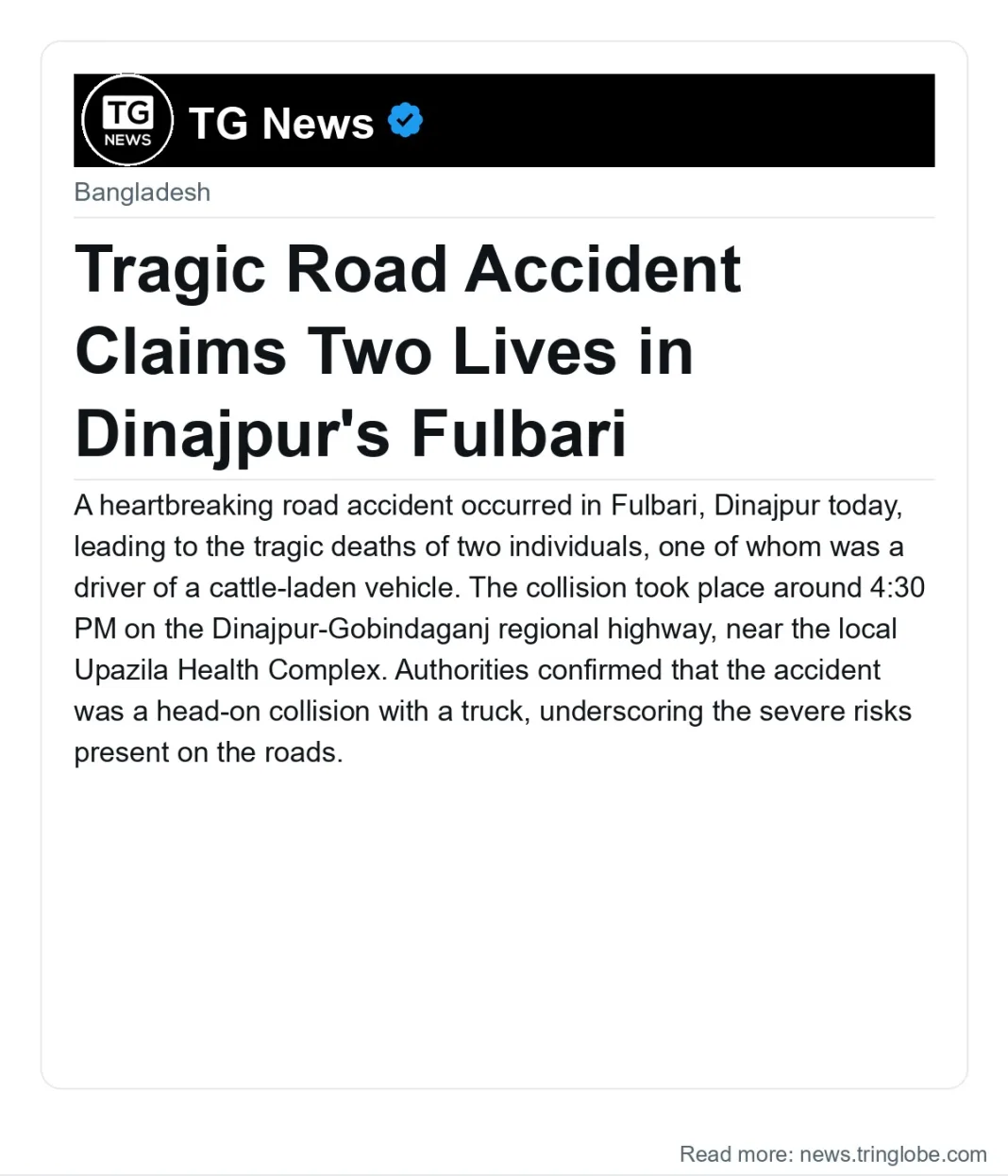 Tragic Road Accident Claims Two Lives in Dinajpur’s Fulbari