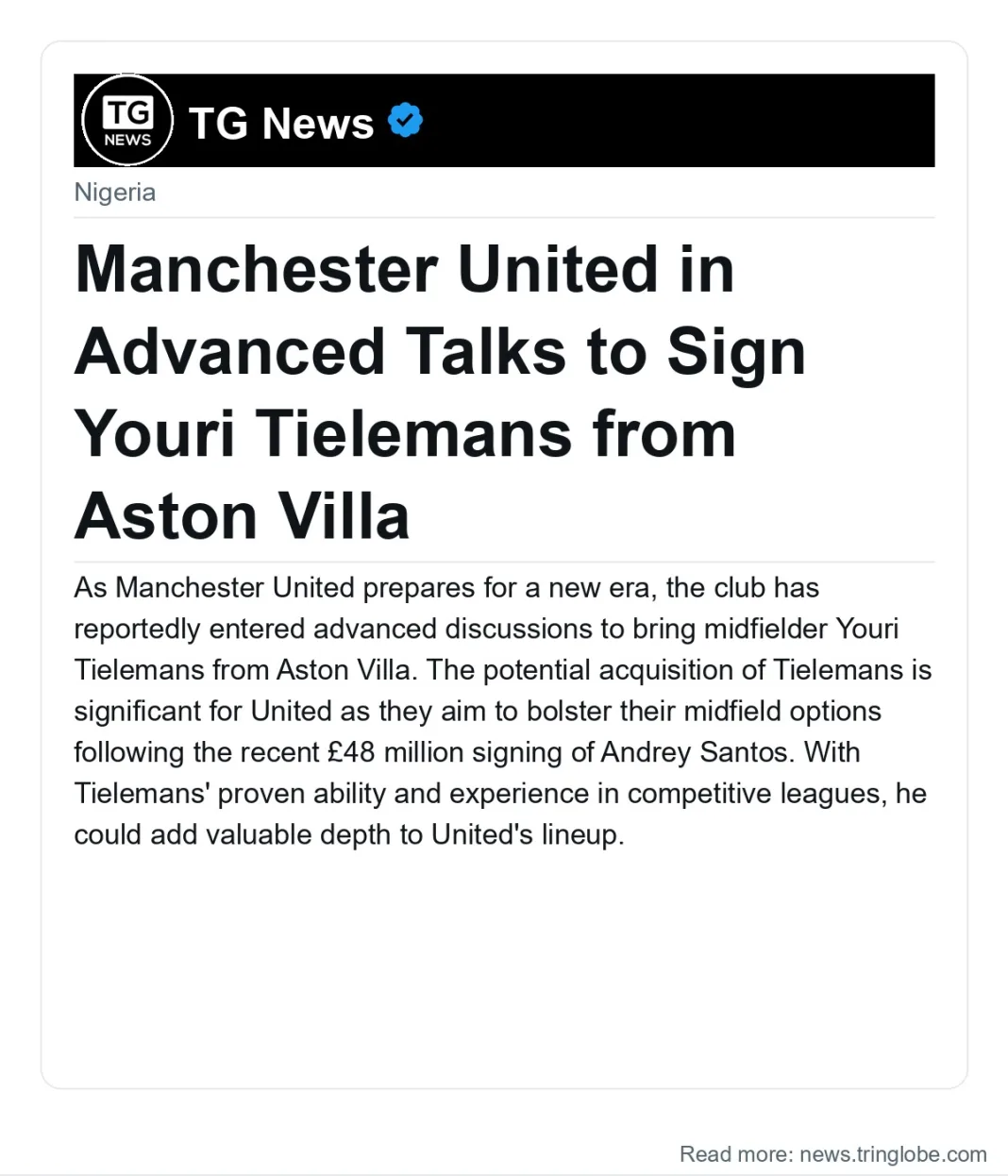Manchester United in Advanced Talks to Sign Youri Tielemans from Aston Villa