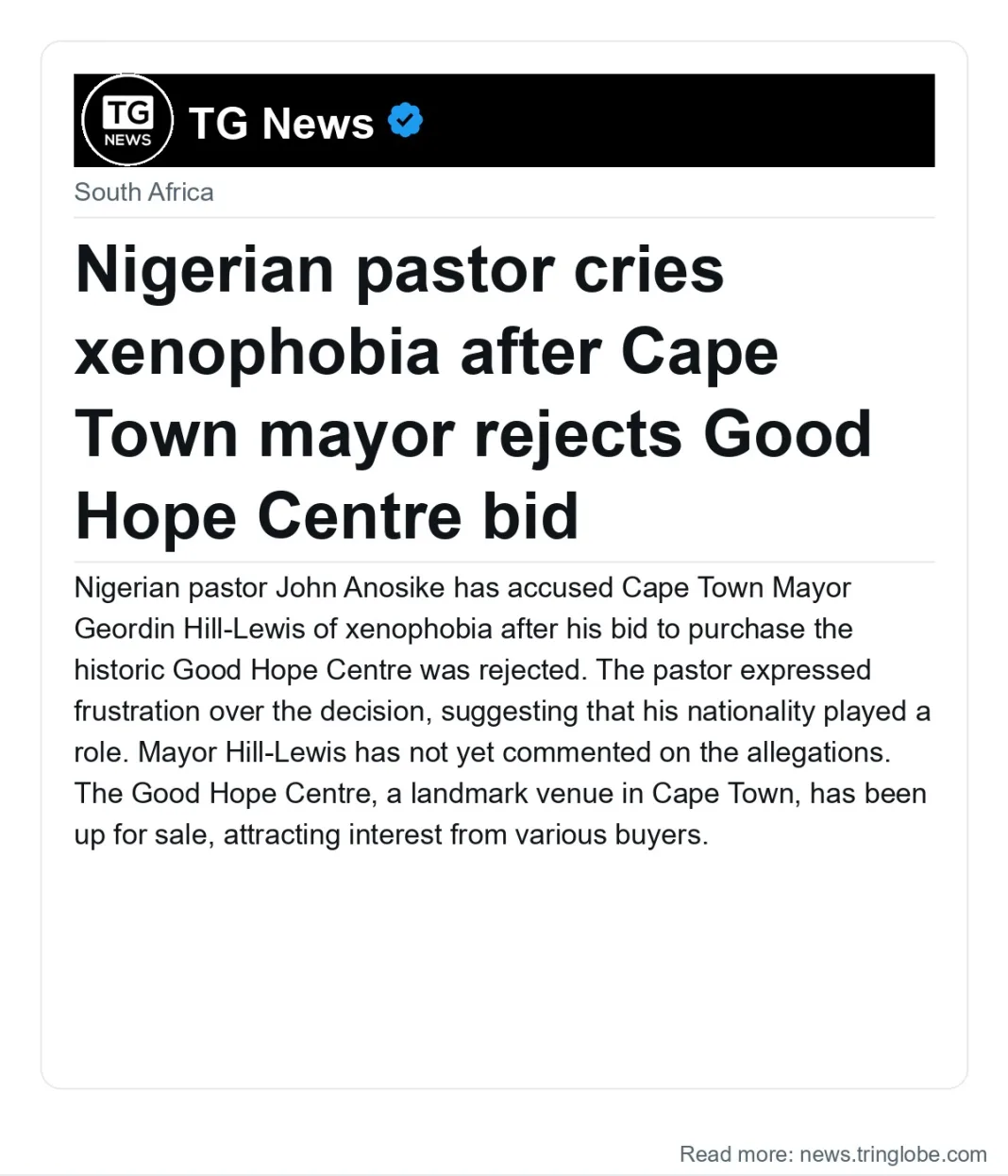 Nigerian pastor cries xenophobia after Cape Town mayor rejects Good Hope Centre bid