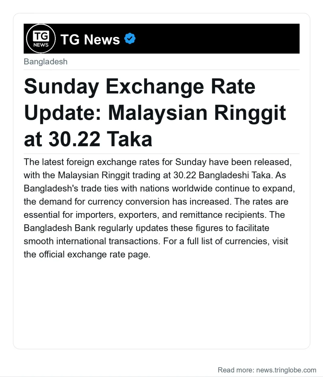 Sunday Exchange Rate Update: Malaysian Ringgit at 30.22 Taka