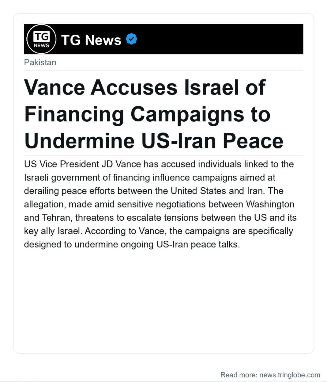 Vance Accuses Israel of Financing Campaigns to Undermine US-Iran Peace