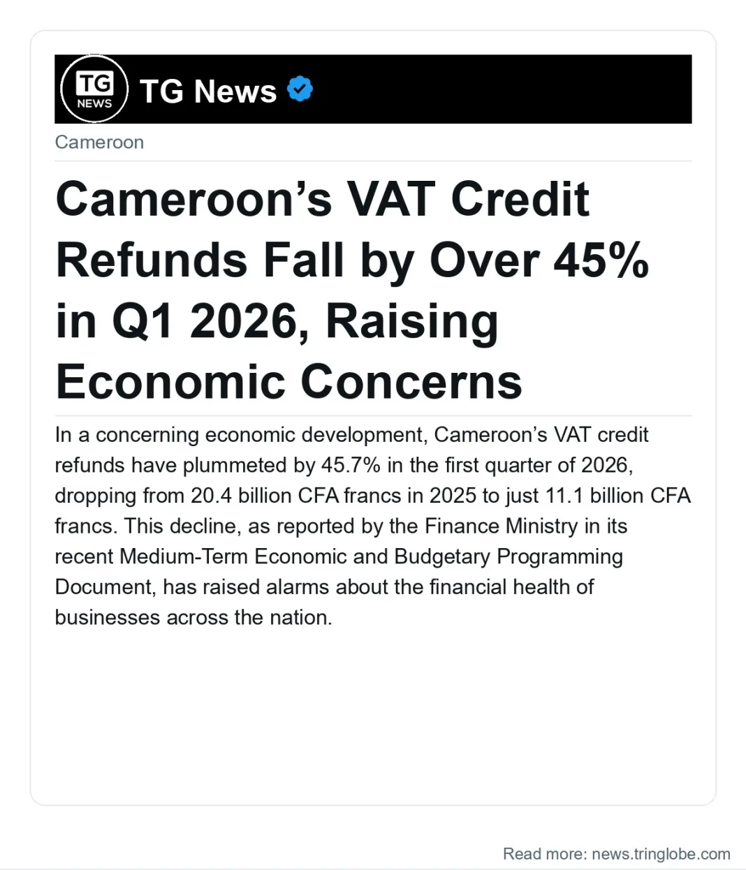 Cameroon’s VAT Credit Refunds Fall by Over 45% in Q1 2026, Raising Economic Concerns