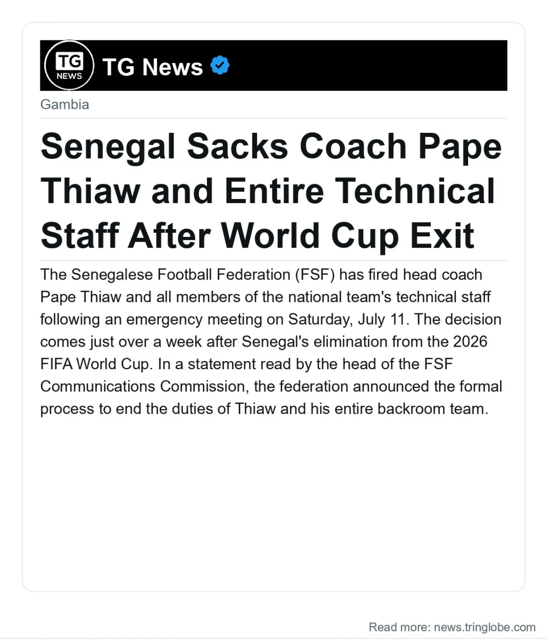 Senegal Sacks Coach Pape Thiaw and Entire Technical Staff After World Cup Exit
