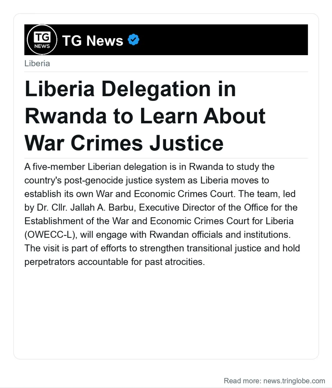 Liberia Delegation in Rwanda to Learn About War Crimes Justice