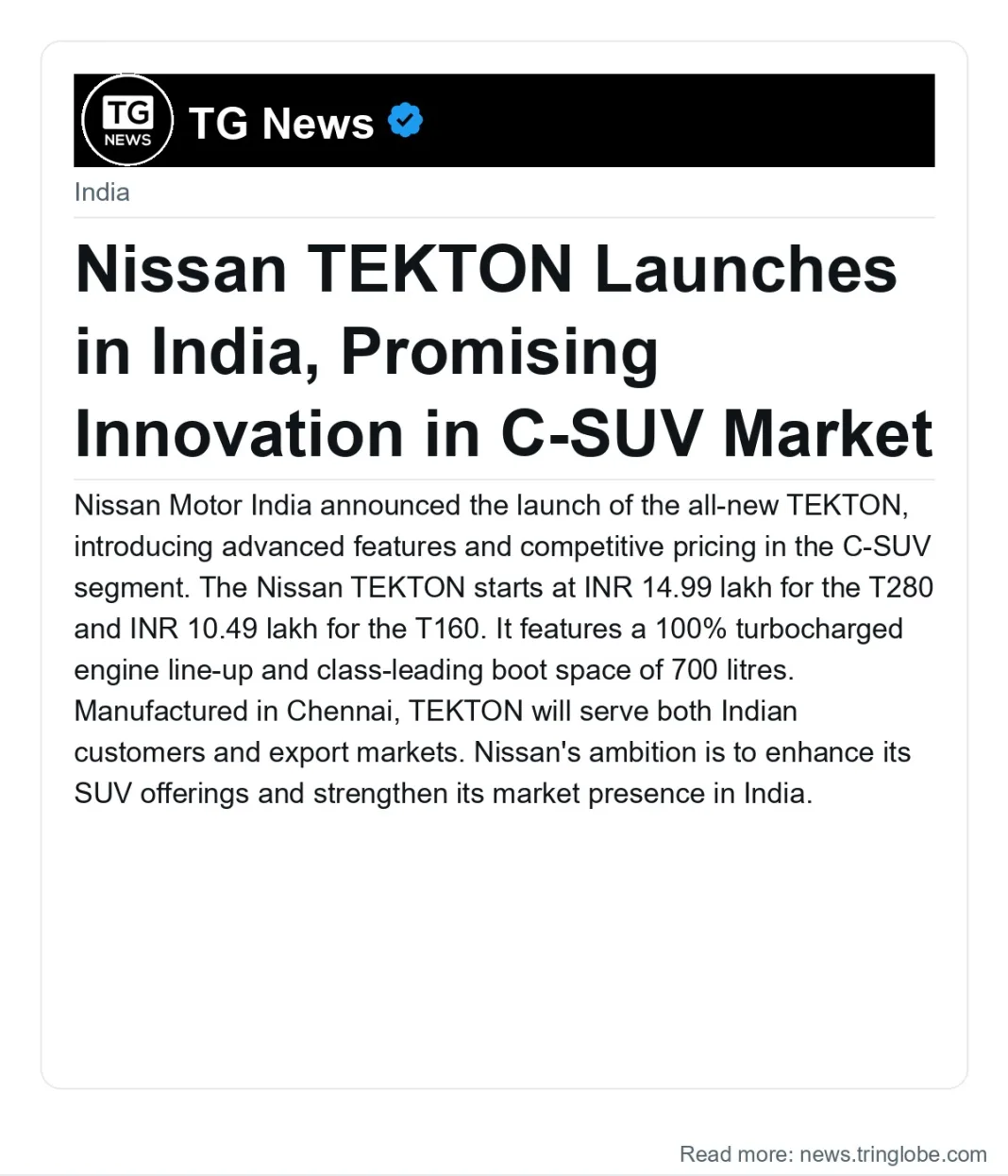 Nissan TEKTON Launches in India, Promising Innovation in C-SUV Market