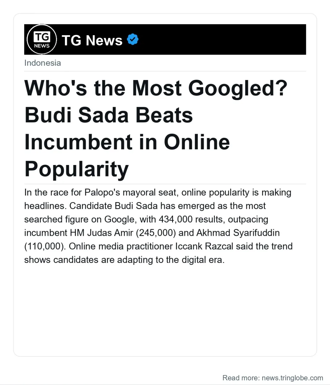 Who’s the Most Googled? Budi Sada Beats Incumbent in Online Popularity