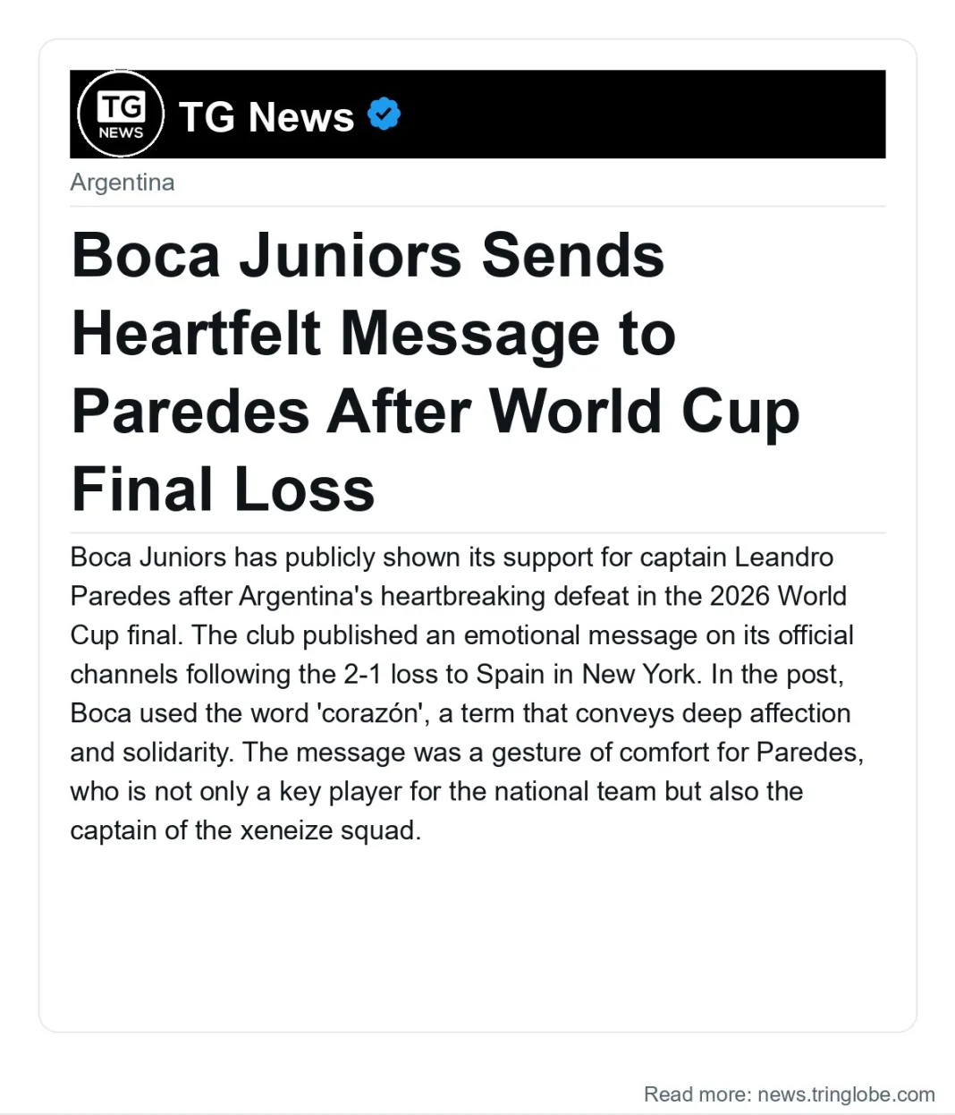Boca Juniors Sends Heartfelt Message to Paredes After World Cup Final Loss