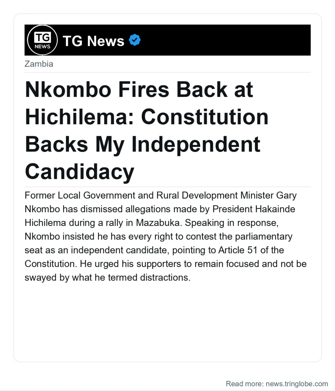Nkombo Fires Back at Hichilema: Constitution Backs My Independent Candidacy