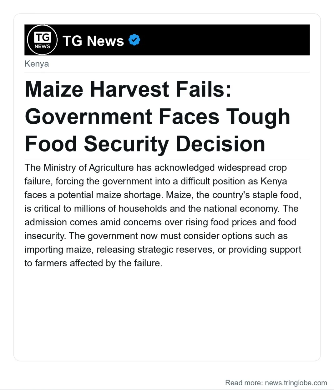 Maize Harvest Fails: Government Faces Tough Food Security Decision