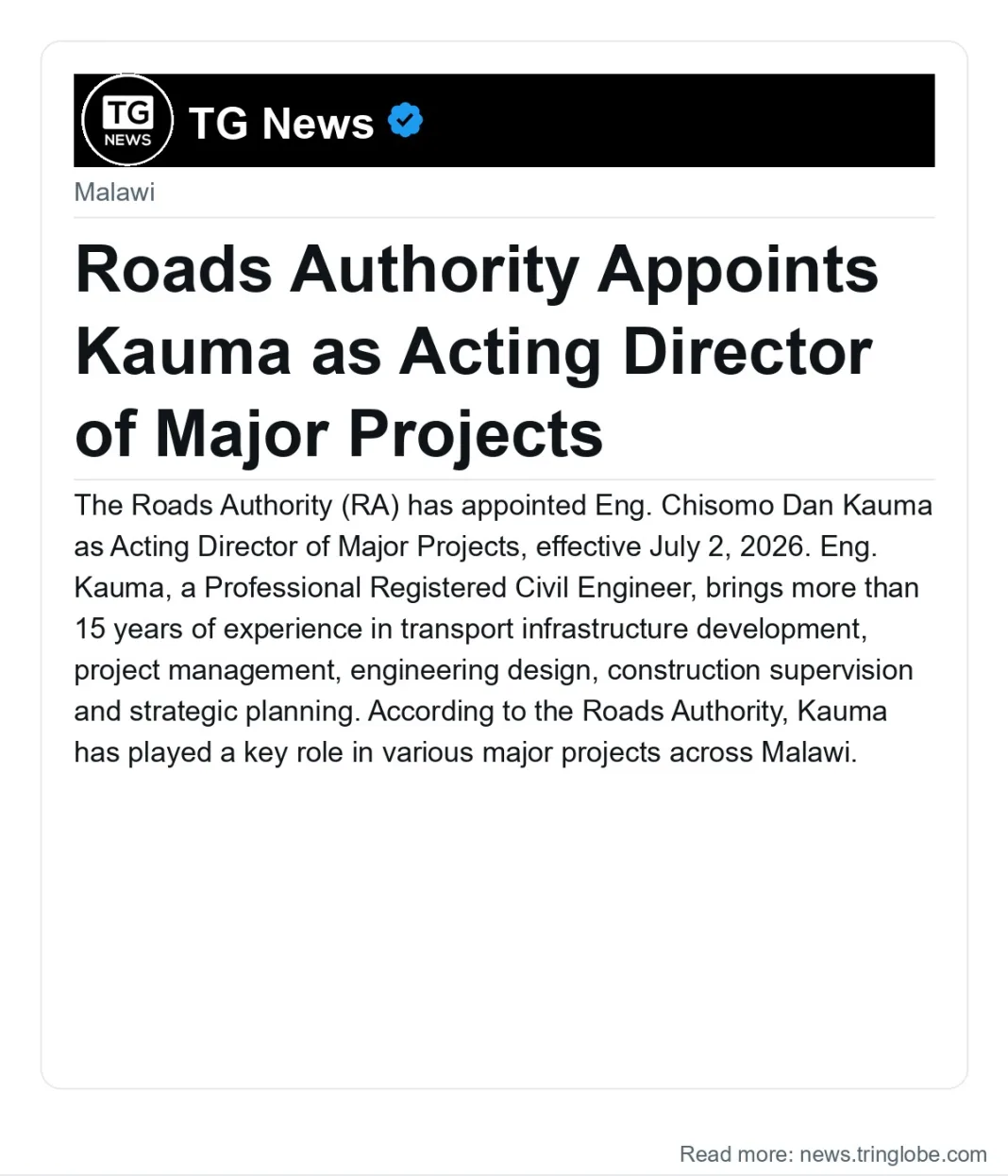 Roads Authority Appoints Kauma as Acting Director of Major Projects
