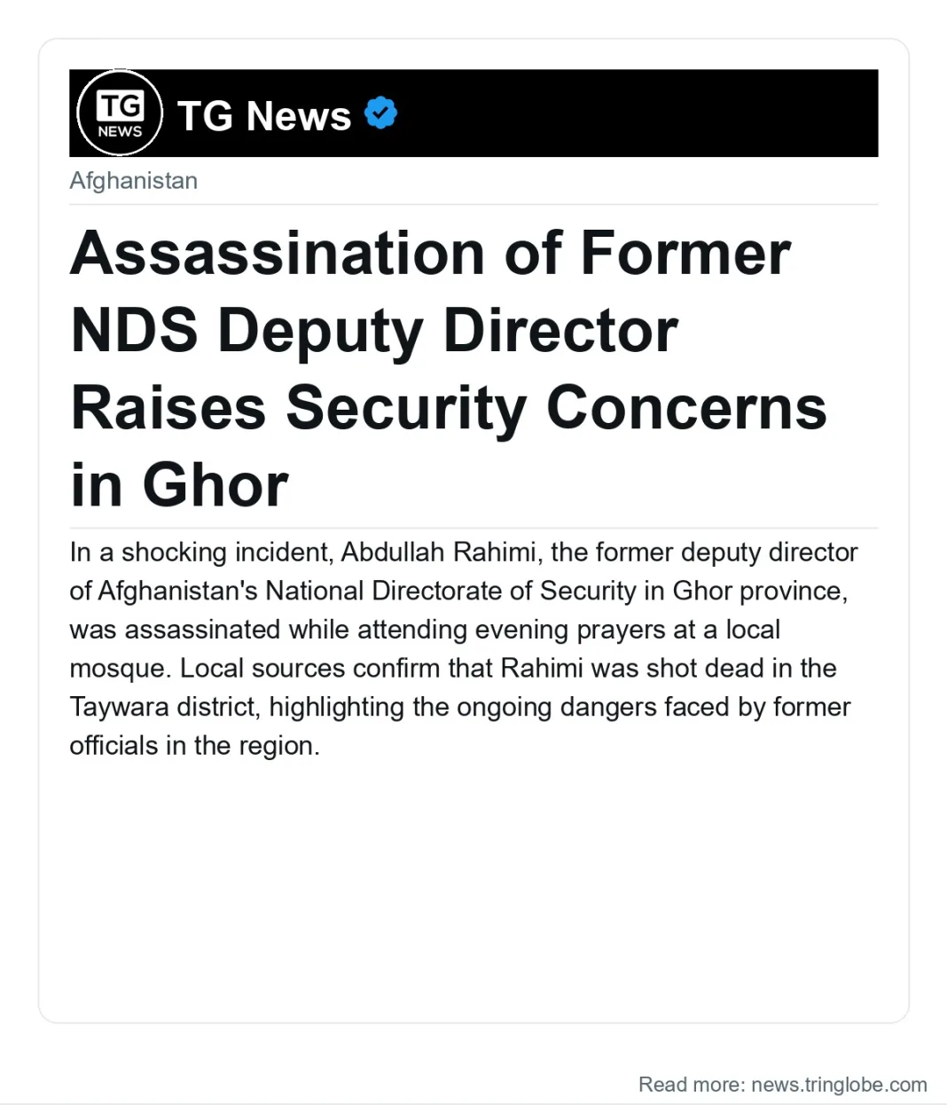 Assassination of Former NDS Deputy Director Raises Security Concerns in Ghor
