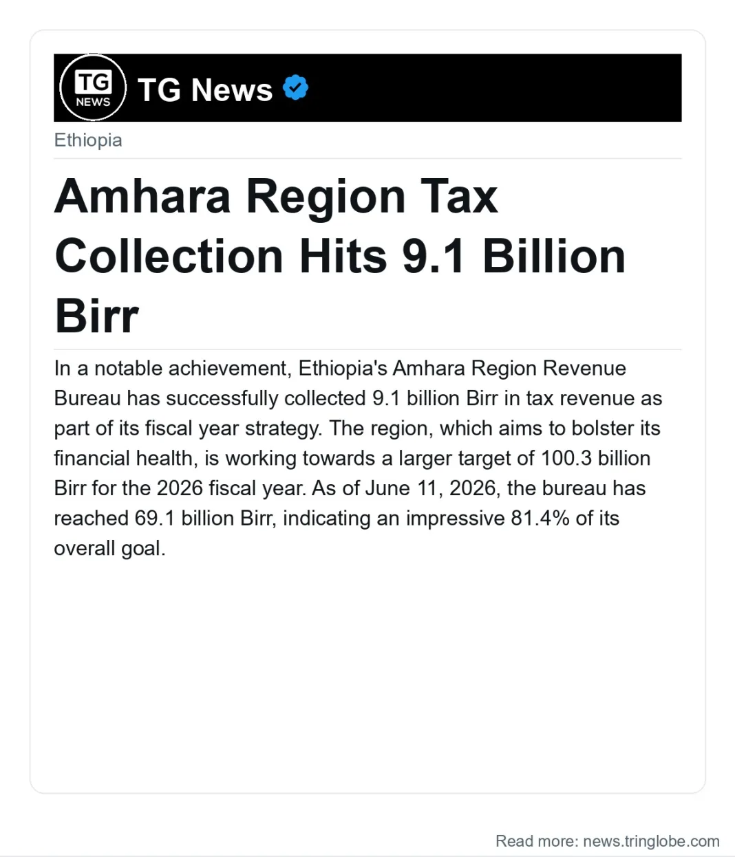 Amhara Region Tax Collection Hits 9.1 Billion Birr