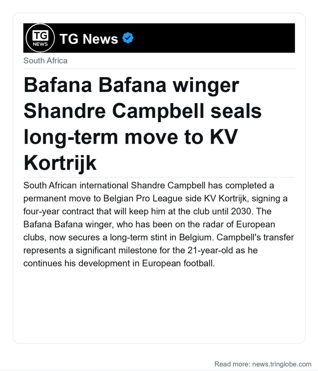 Bafana Bafana winger Shandre Campbell seals long-term move to KV Kortrijk