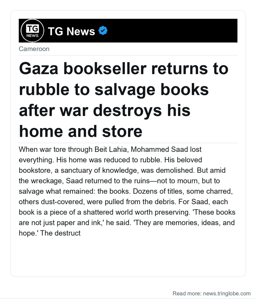 Gaza bookseller returns to rubble to salvage books after war destroys his home and store