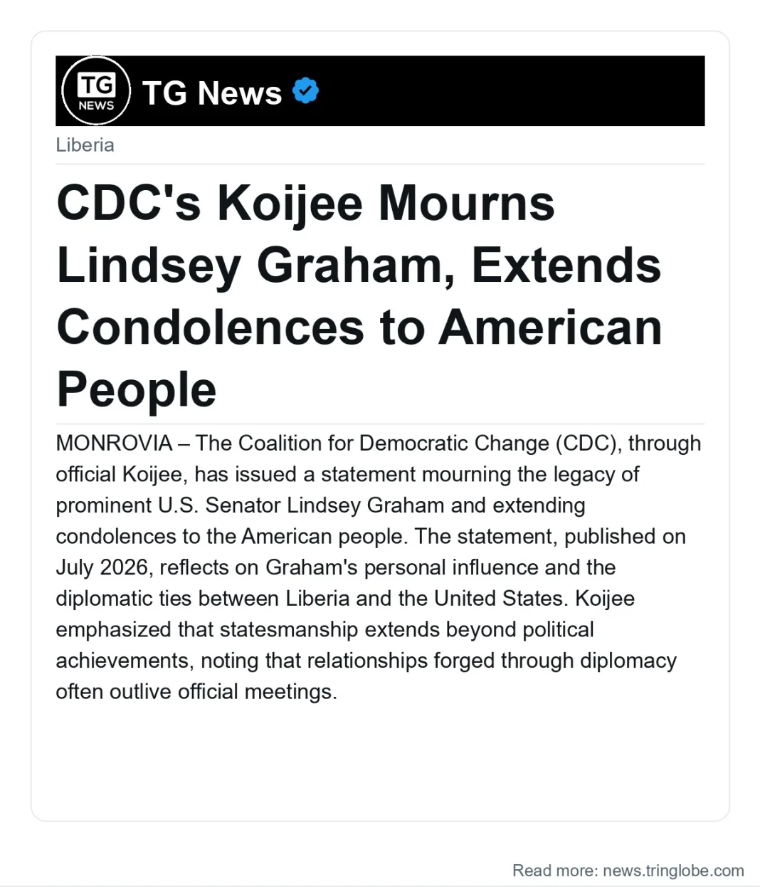 CDC’s Koijee Mourns Lindsey Graham, Extends Condolences to American People