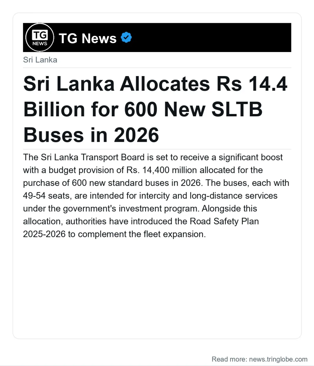 Sri Lanka Allocates Rs 14.4 Billion for 600 New SLTB Buses in 2026