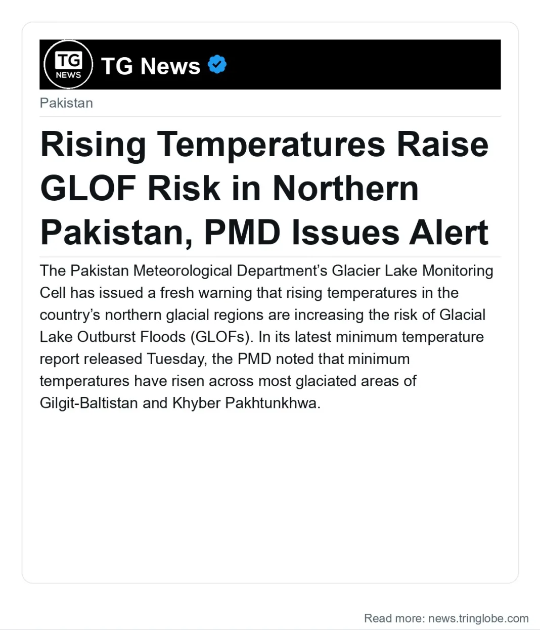 Rising Temperatures Raise GLOF Risk in Northern Pakistan, PMD Issues Alert