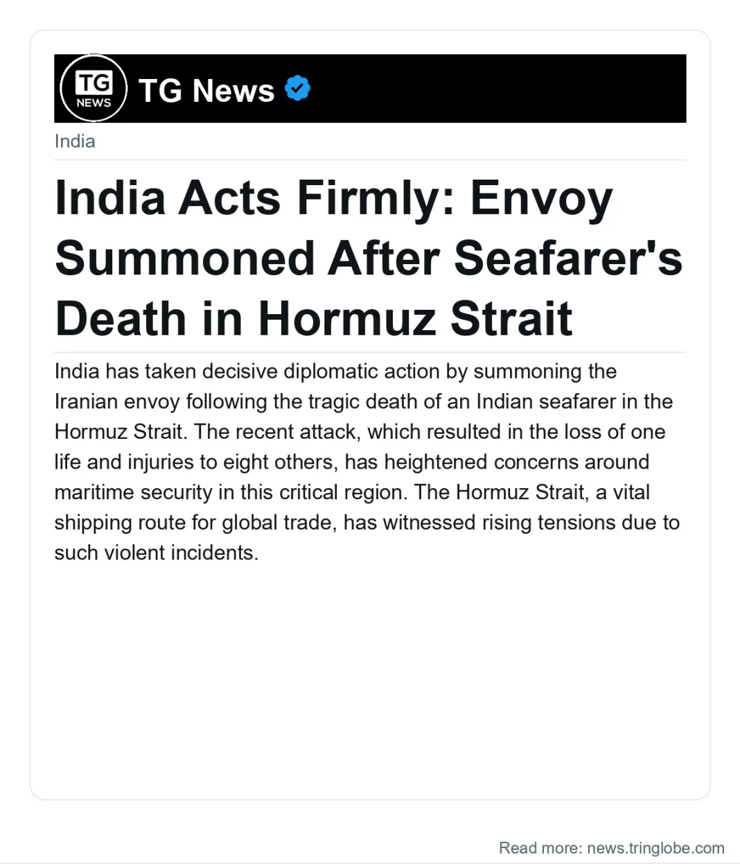 India Acts Firmly: Envoy Summoned After Seafarer’s Death in Hormuz Strait