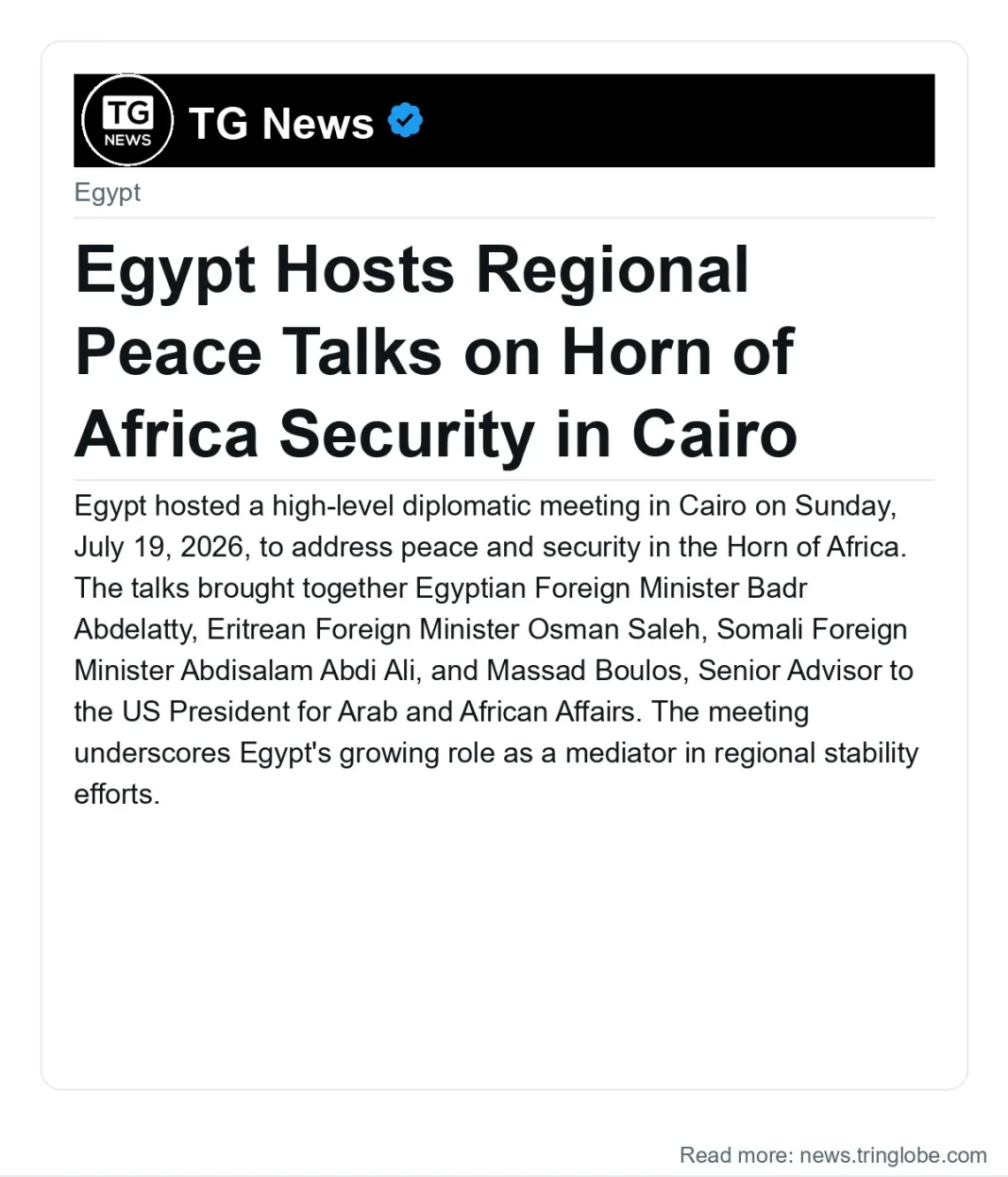 Egypt Hosts Regional Peace Talks on Horn of Africa Security in Cairo
