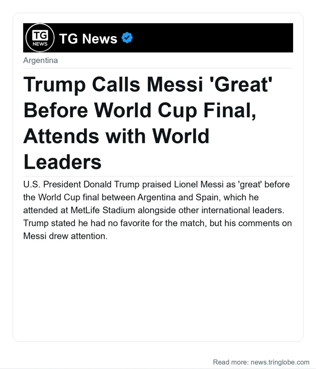 Trump Calls Messi ‘Great’ Before World Cup Final, Attends with World Leaders
