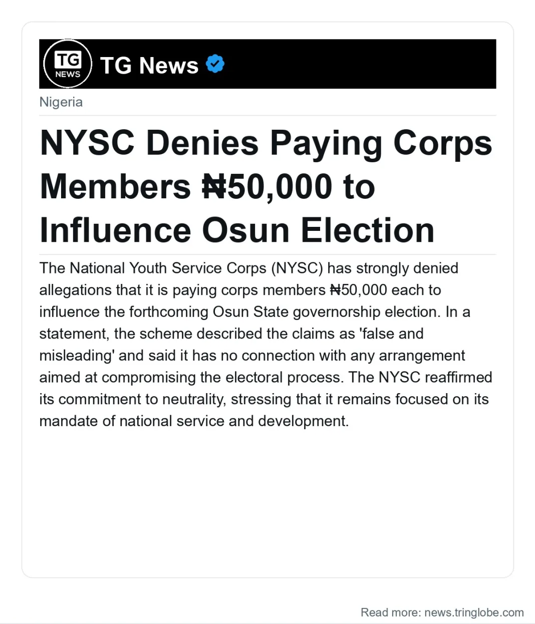NYSC Denies Paying Corps Members ₦50,000 to Influence Osun Election