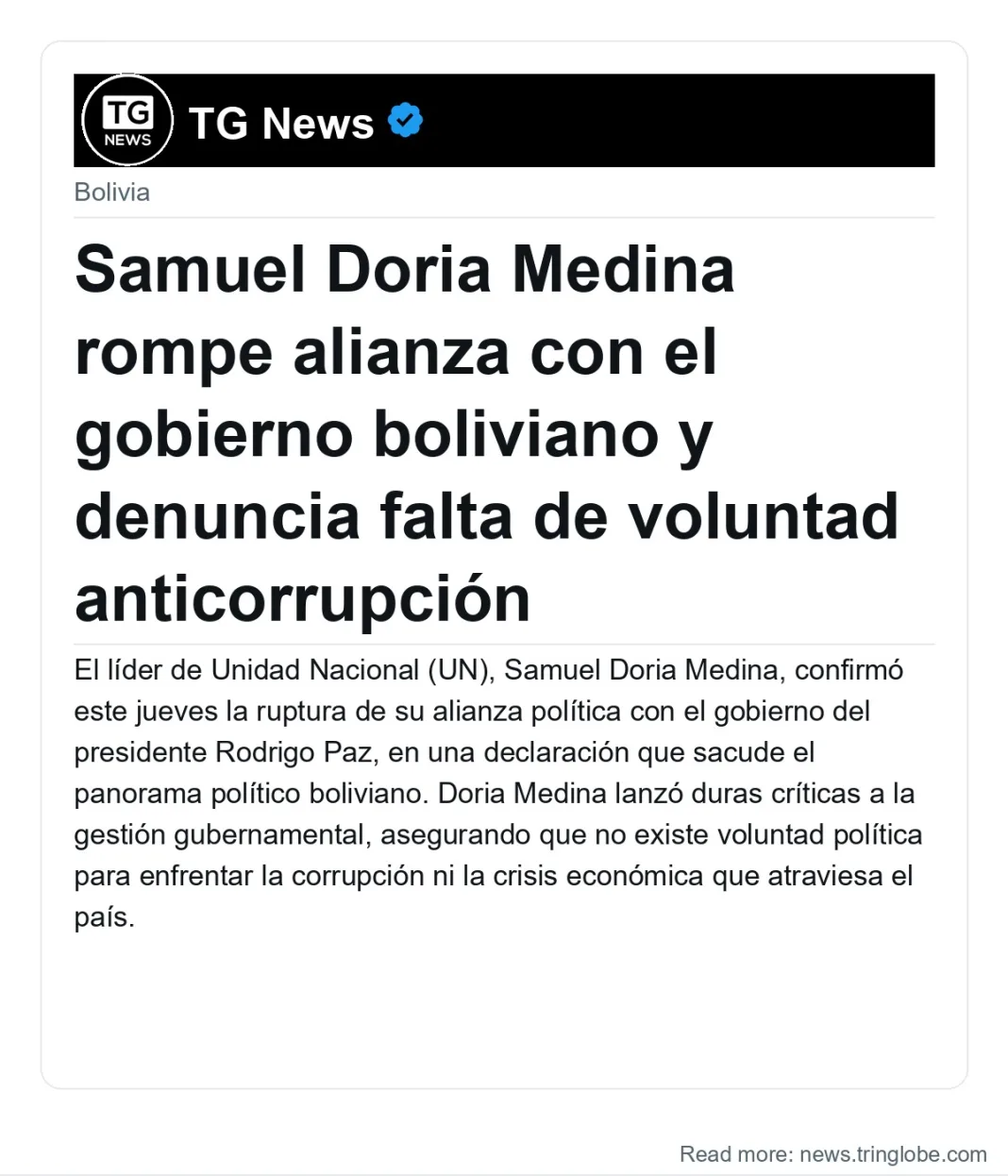 Samuel Doria Medina rompe alianza con el gobierno boliviano y denuncia falta de voluntad anticorrupción