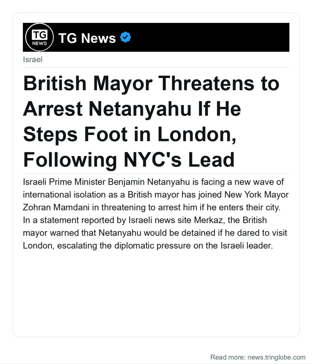 British Mayor Threatens to Arrest Netanyahu If He Steps Foot in London, Following NYC’s Lead