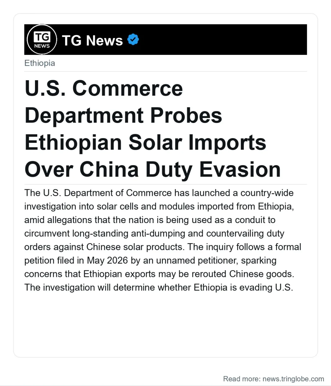 U.S. Commerce Department Probes Ethiopian Solar Imports Over China Duty Evasion