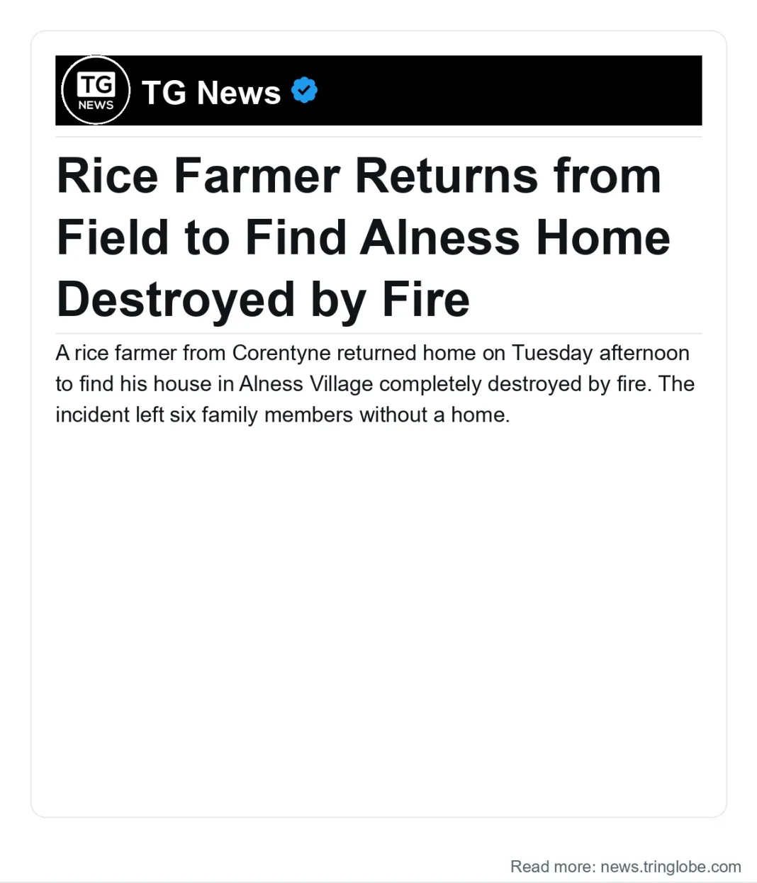 Guyana: Rice Farmer Returns from Field to Find Alness Home Destroyed by Fire
