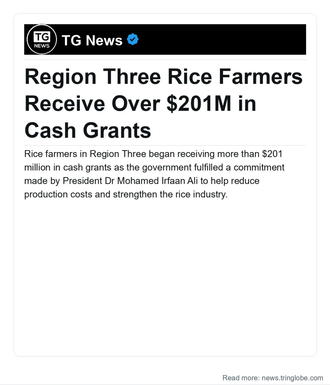 Guyana: Region Three Rice Farmers Receive Over $201M in Cash Grants