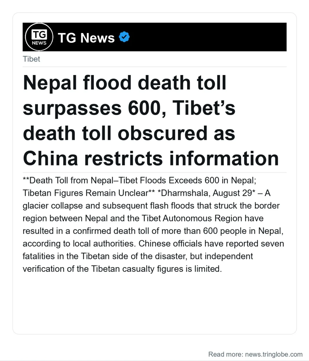 Nepal flood death toll surpasses 600, Tibet’s death toll obscured as China restricts information