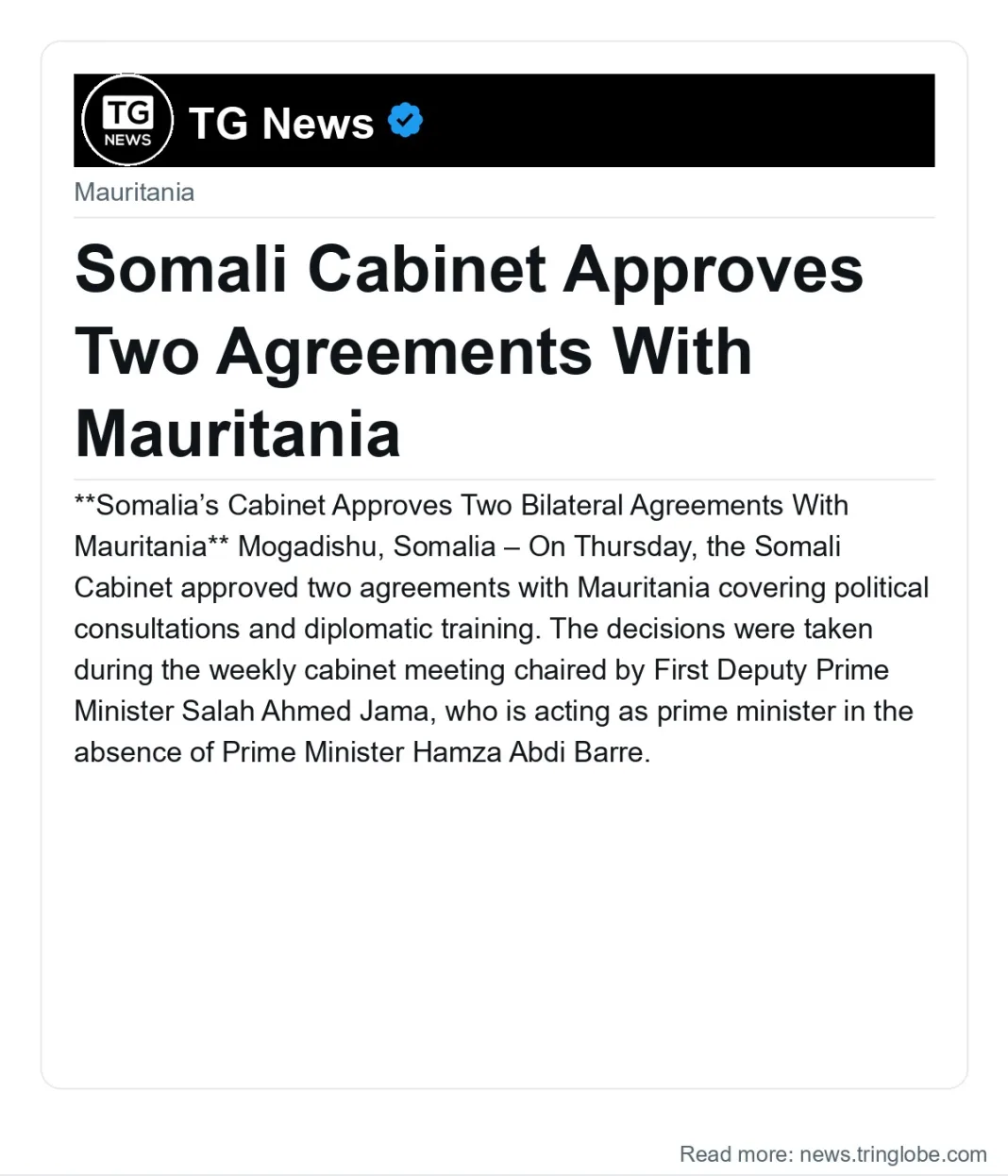 Somali Cabinet Approves Two Agreements With Mauritania