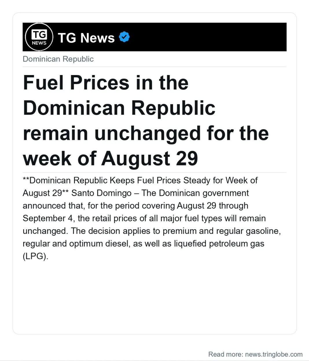 Fuel Prices in the Dominican Republic remain unchanged for the week of August 29