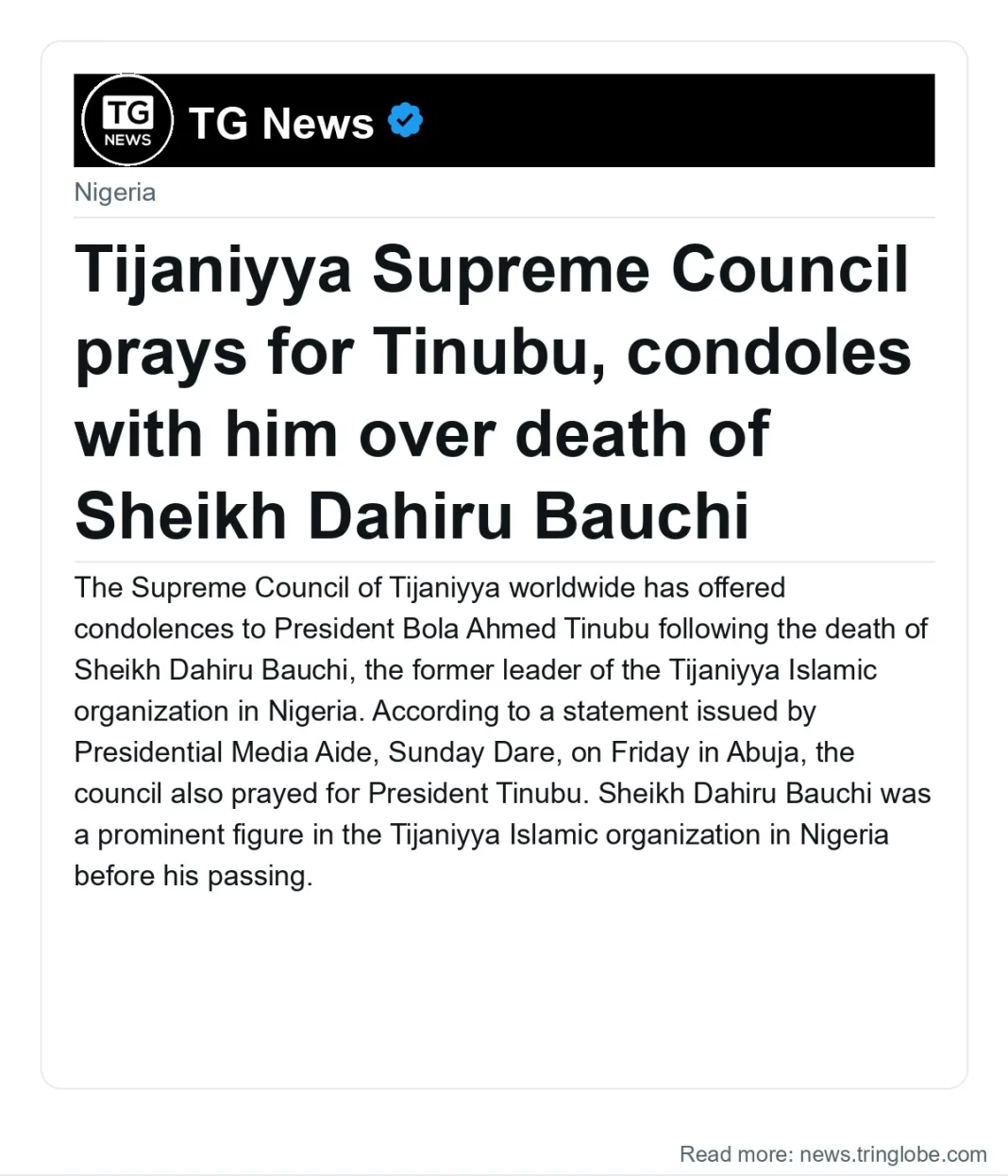 Tijaniyya Supreme Council prays for Tinubu, condoles with him over death of Sheikh Dahiru Bauchi